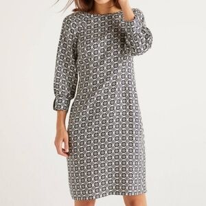 Boden Kate Linen Dress Size 12 LONG Blue White Geometric Shift Knee Length NWT